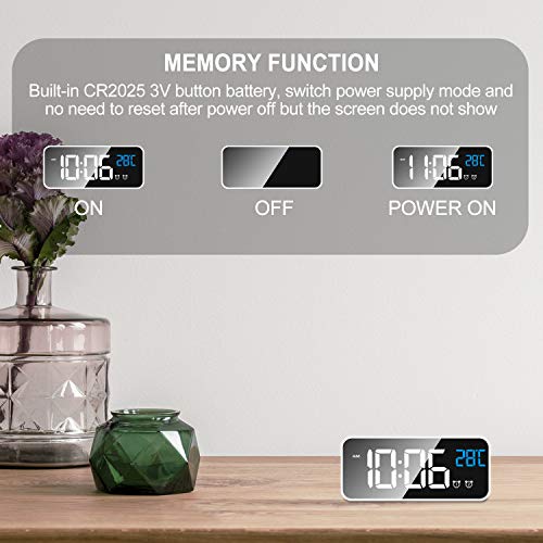 MOSUO Reloj Despertador Digital, LED Despertadores Electrónicos Espejo con Temperatura y 2 Alarma, Snooze, Sonido y Brillos Regulable, Carga USB para Dormitorio, Oficina, Blanco