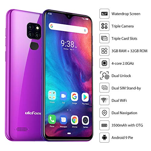 Moviles Libres 4G Ulefone Note 7P, Waterdrop 6.1 Pantalla, 3Go+32Go Quad-Core Android 9.0, Smartphone Libre 2019 Cámara Trasera Triple y Ranura Triple, Face ID et Fingerprint 3500mAh OTG (Morado)