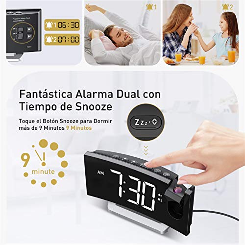 Mpow Radio Despertador Digital Proyector, FM Radio Reloj Despertadores Digitales de Proyección,Alarma Dual con 4 Sonidos 3 Tono,Puerto USB,Pantalla LED 5"& 6 Brillos,12/24 Hora,Snooze,Blanco