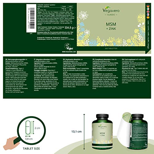 MSM 2000 mg + Zinc Vegavero® | Ahora Sin Aditivos Artificiales | 300 Comprimidos | Antiinflamatorio + Articulaciones + Huesos y Músculos + Calambres Musculares + Cabello y Piel