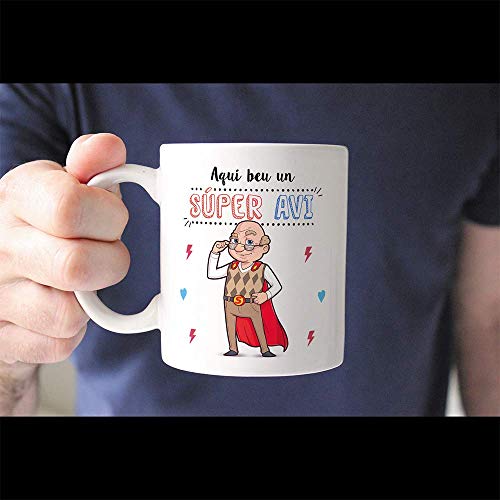 MUGFFINS Taza Abuelo (En Catalán) -"Aquí beu un Súper Avi" - Taza Desayuno/Idea Regalo Día del Padre. Cerámica 350 mL