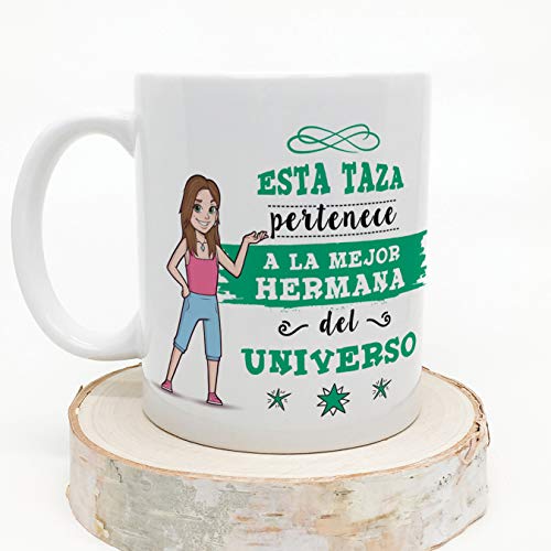 MUGFFINS Taza Hermana - Esta Taza Pertenece a la Mejor Hermana del Universo - Taza Desayuno/Idea Regalo Cumpleaños para Hermanitas. Cerámica 350 mL