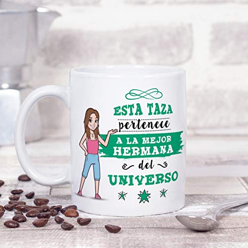 MUGFFINS Taza Hermana - Esta Taza Pertenece a la Mejor Hermana del Universo - Taza Desayuno/Idea Regalo Cumpleaños para Hermanitas. Cerámica 350 mL