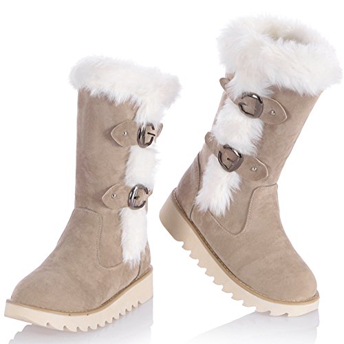 Mujer Botas de Media Caña De BIGTREE Invierno Calientes Piel sintética Hebilla Plataforma Botas de Nieve Beige 41 EU