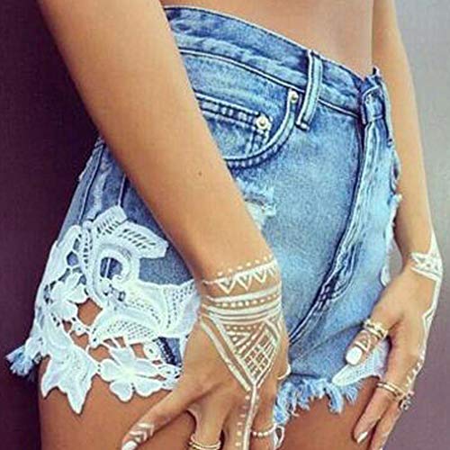 Mujeres de la Borla Pantalones Cortos de Mezclilla Encaje Sexy Flor Costura Jeans Estiramiento de Cintura Alta Corto elástico Jeans Desgastados Shorts Casual Ringered Hot Jeans Denim Shorts