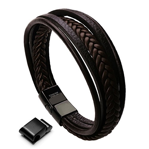 murtoo Pulsera Hombre Cuero Acero Inoxidable Cierre Magnética Negro Cuero Marrón Negro Trenzada Brazalete Marrón 20-22cm