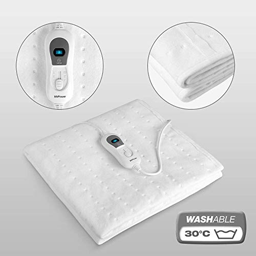 MVPower Manta Electrica, Almohadilla Electrica, 3 Niveles, Calentar Rápido, Lavable, Función de Apagado Automático, Protección contra Sobrecalentamiento para Su Seguridad (150 * 80cm, Blanco)