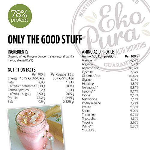 Natural Whey Protein - Refreshing Vanilla - 78% Proteína - Proteína de suero Orgánico - Sin Aditivos - Libre de GMO - Sin Soja - 500g