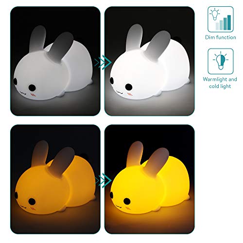 Navaris Lámpara LED infantil de conejo - Luz nocturna de silicona sin BPA - Conejito luminoso para niño bebé recargable con mando y sensor táctil