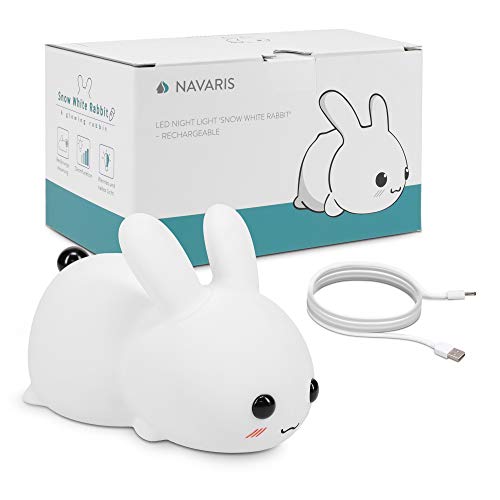 Navaris Lámpara LED infantil de conejo - Luz nocturna de silicona sin BPA - Conejito luminoso para niño bebé recargable con mando y sensor táctil