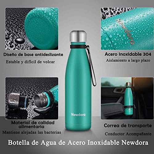 Newdora Botella de Agua Acero Inoxidable 500ml, Aislamiento de Vacío de Doble Pared, Botellas de Frío/Caliente, con 1 un Cepillo de Limpieza, para Niños, Deporte, Oficina, Gimnasio, Ciclismo, Verde