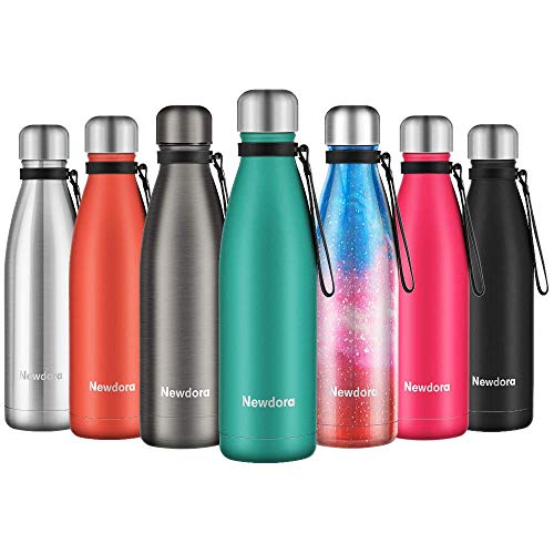 Newdora Botella de Agua Acero Inoxidable 500ml, Aislamiento de Vacío de Doble Pared, Botellas de Frío/Caliente, con 1 un Cepillo de Limpieza, para Niños, Deporte, Oficina, Gimnasio, Ciclismo, Verde