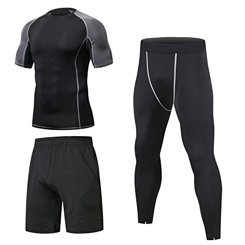 Niksa 3 Piezas Conjunto de Compresion Hombre, Camisetas Compression Mallas Running Pantalon Corto Deporte Ropa Deportiva Hombre para Running, Correr, Gym, Fitness M