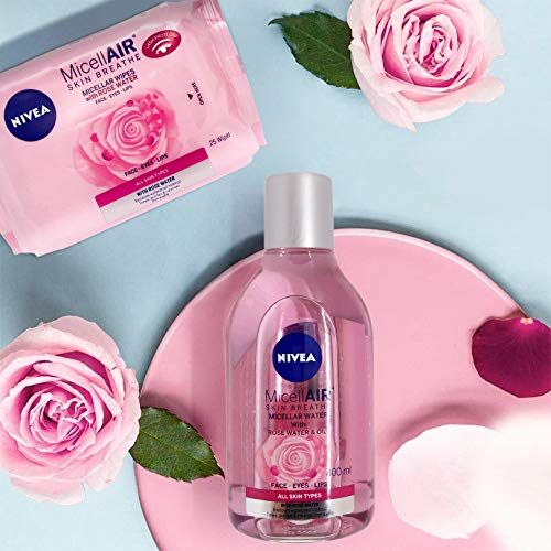 NIVEA MicellAIR Skin Breathe Agua Micelar con Aceite & Agua de Rosas en pack de 6 (6 x 400 ml), agua micelar desmaquillante para una piel suave y libre de residuos