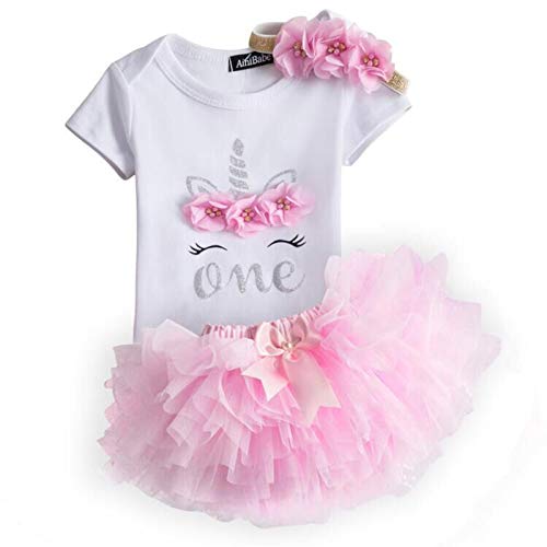 NNJXD Unicornio Arco Iris Tutú Primer Cumpleaños Trajes de 3 Piezas Mameluco + Falda + Diadema 1 Año A-Rosa