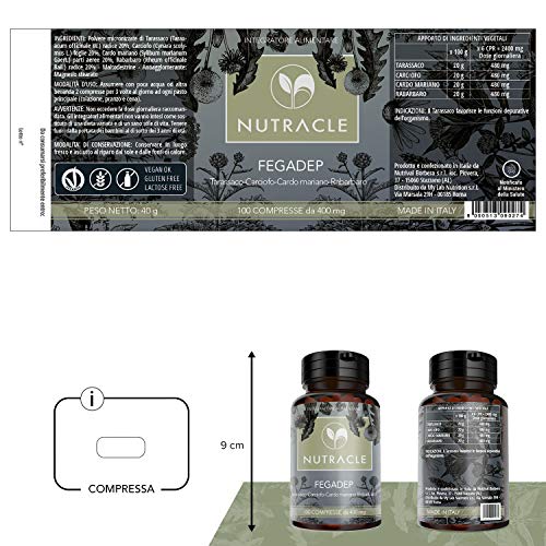 NUTRACLE - 100 tabletas FEGADEP de 400 mg Para purificar y desintoxicar el hígado y el tracto biliar - Acción diurética y hepatoprotectora - Con diente de león, alcachofa, Cardo Mariano y ruibarbo