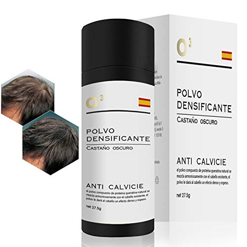 O³ Fibras Capilares Castaño Oscuro - Keratin Fibers Castaño Oscuro 100% Natural para Disimular Calvicie y Aumentar el volumen. Maquillaje Capilar por hombres y mujeres - 27,5 Gramos Neto