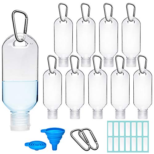 Olycism 10 Piezas 50ml Botellas de Viaje Recargables Vacías Botellas de Plástico con Mosquetón Recipiente Portátil de Plástico Transparente de Viaje para Desinfectante de Manos Contenedor