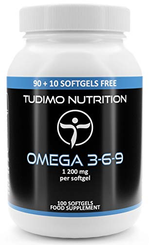 Omega 3-6-9 1200 mg 100 pzas (3+ Meses de provisión) de Cápsulas Softgel, cada una con 1200mg de Aceite de pescado, aceite de borraja y aceite de linaza, de Calidad Premium, de TUDIMO