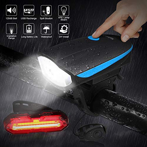 OMERIL Luz Bicicleta Recargable USB, Linterna Bicicleta Impermeable con Luz Bicicleta Delantera, Campana y Luz Trasera Bicicleta, Luz LED Bicicleta para Carretera y Montaña - Seguridad para la Noche