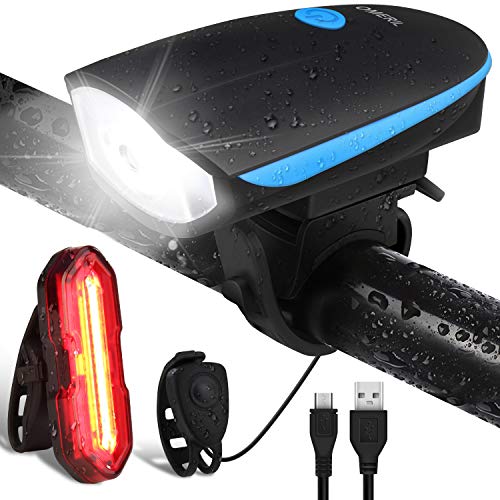 OMERIL Luz Bicicleta Recargable USB, Linterna Bicicleta Impermeable con Luz Bicicleta Delantera, Campana y Luz Trasera Bicicleta, Luz LED Bicicleta para Carretera y Montaña - Seguridad para la Noche