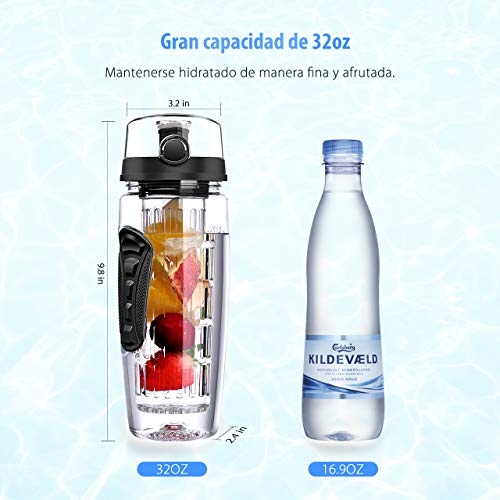 OMORC Botella Agua Deportiva, 1L Botella de Agua con Filtro Infusor de Fruta, sin BPA Reutilizable y Fitness para Niños, Oficina, Gimnasio, Yoga, Bici Incluye un Cepillo de Limpieza