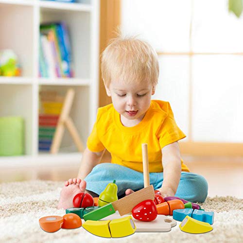 omyzam Juguetes de Madera Comida de Juguete para Niños Frutas y Verduras Juguete Montessori para Cortar Madera Juguete Juegos Educativos para Niños y Niñas de 2+ Años Regalo de Cumpleaños