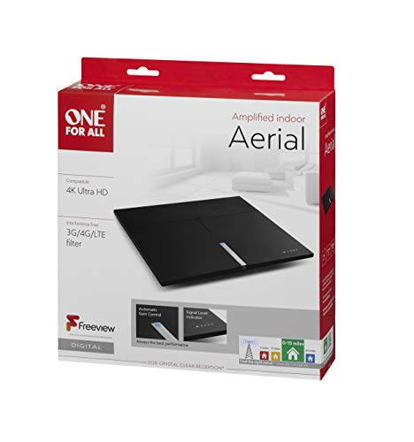 One For All SV9495, Antena de TV para Interior Amplificada, Recibe TDT en un Rango de 25km, Antena HDTV Digital, Incluye Cable Coaxial de Alto Rendimiento, VHF/UHF, Negra