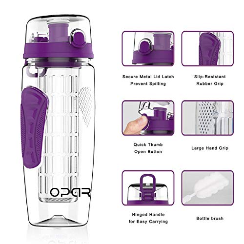 Opard Botella de 1 L Fruit Infuser Sports Botella Water Bottle Tritan Botella de plástico sin BPA con Recetas y Pincel (Púrpura)