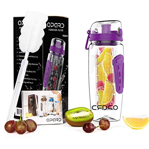 Opard Botella de 1 L Fruit Infuser Sports Botella Water Bottle Tritan Botella de plástico sin BPA con Recetas y Pincel (Púrpura)