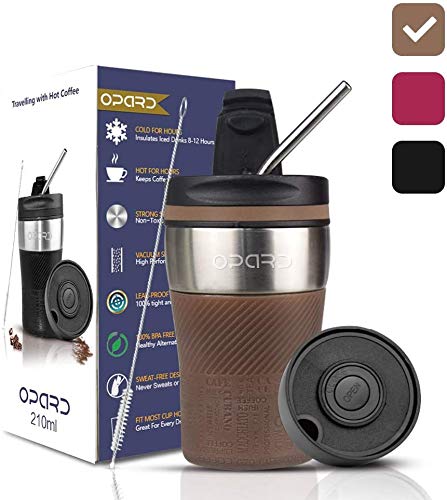 Opard Taza de café de Doble Pared aislada al vacío de Acero Inoxidable con Tapa a Prueba de Fugas, Taza de Viaje, 210 ml