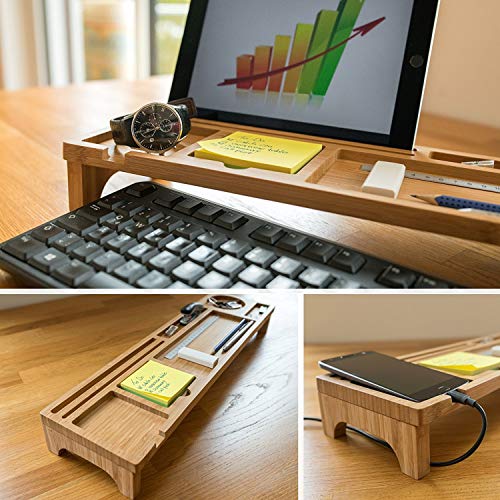 Organiseur de clavier de bureau en bambou, tablette supérieure pour une organisation optimale. Support pour iPhone, compartiments pour stylos, accessoires de bureau, gadgets, souris contre le désordre