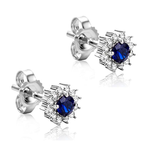 Orovi Pendientes Señora Solitario en Oro Blanco con Diamantes Talla Brillante 0.10 ct y Zafiro Talla Redonda 0.25 Ct Oro 9 Kt / 375