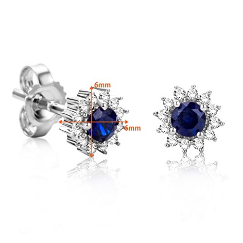 Orovi Pendientes Señora Solitario en Oro Blanco con Diamantes Talla Brillante 0.10 ct y Zafiro Talla Redonda 0.25 Ct Oro 9 Kt / 375