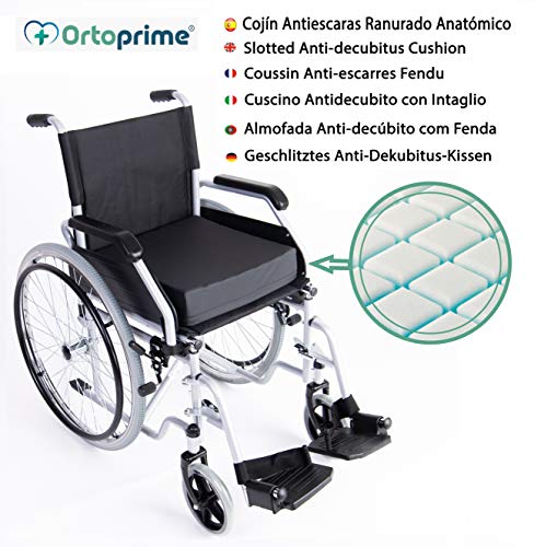 OrtoPrime Cojín Antiescaras Ranurado de Espuma - Prevención y Tratamiento de úlceras por presión en Coxis - Cojín Postural para Sillas de ruedas, Oficina, Coche y Hogar - Asiento Ortopédico