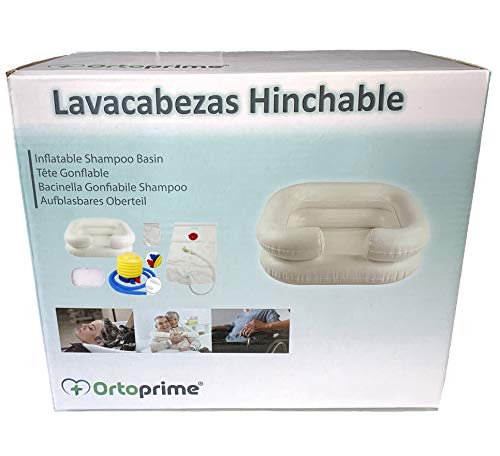 OrtoPrime Lavacabezas Hinchable con tubo de Drenaje - Lavacabezas Portátil Peluquería con Hinchador - Lavabo de Cabello - Bañera Hinchable para Cama y Silla - Kit Completo