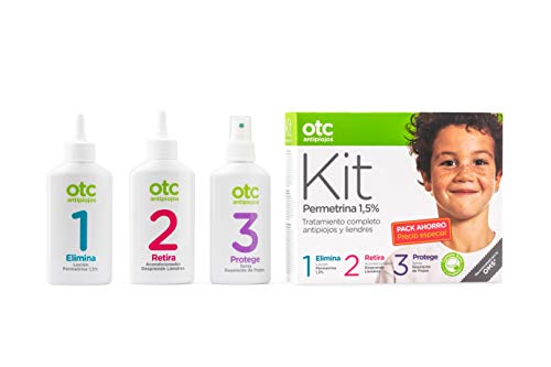 Otc Antipiojos Kit 123 Permetrina Tratamiento Completo antipiojos - Elimina, retira y protege contra piojos y liendres - Loción, acondicionador, spray repelente, gorro y lendrera