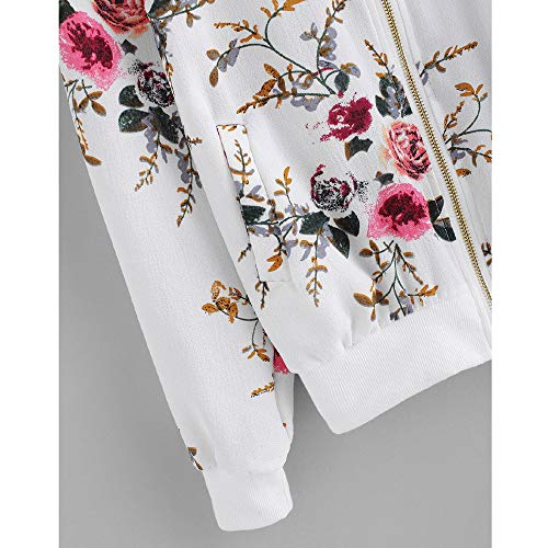 Overdose Las Nuevas SeñOras De Las Mujeres Retro Floral O-Cuello Zipper Up Bomber Mejor Venden Chaqueta Casual Outwear (XL, M-Blanco)