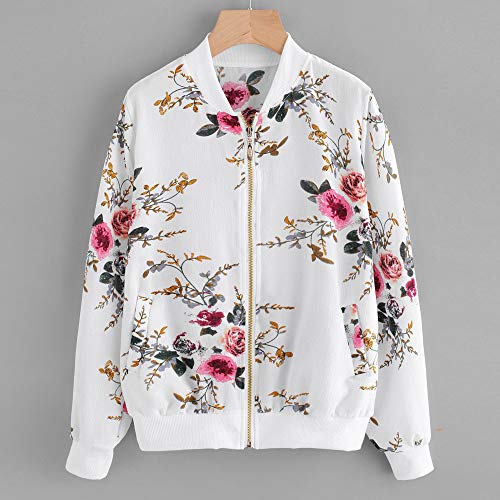 Overdose Las Nuevas SeñOras De Las Mujeres Retro Floral O-Cuello Zipper Up Bomber Mejor Venden Chaqueta Casual Outwear (XL, M-Blanco)