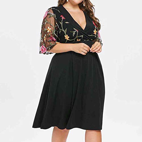 Overdose Tallas Grandes Vestidos de Mujer Casual Floral Manga Corta Control de la Barriga Sólido Aplique Vestido con Cuello en V Sexy Encaje Hueco Fiesta de Cintura Alta Mini Falda