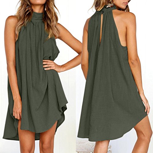 Overdose Vestido De Fiesta Sin Mangas De La Playa del Verano De Las SeñOras AlgodóN Y Lino Bohemio Suelto del Vestido Irregular De Las Mujeres (M, Verde)