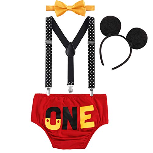 OwlFay Bebé Niños Ratón 1er / 2do / 3er Cumpleaños Traje 4 Piezas Conjuntos de Ropa Algodón Calzoncillos + Tirantes + Pajarita + Diadema de Oreja Halloween Carnaval Trajes 0-3 Años 12-18 Meses