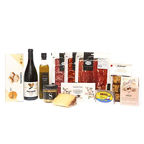 PACK GOURMET REGALO / Jamón, Vino Tinto, Aceite Oliva Virgen, Espárragos, Chorizo, Salchichón, Queso Oveja, Atún Bonito Ortiz, Bizcochos, Pastissets, Chocolate y Bombones