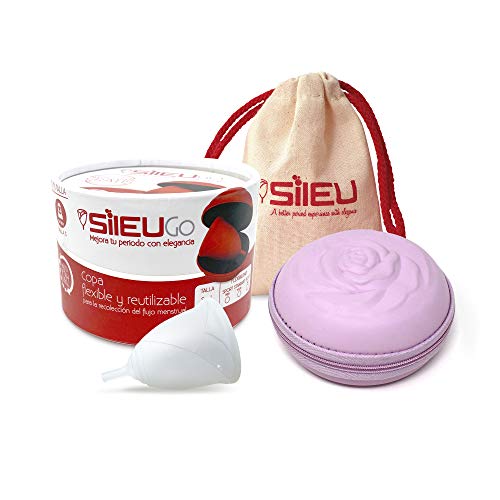 Pack Sileu Go: Copa menstrual Rose - Modelo de iniciación - Alternativa ecológica, natural a tampones y compresas - Talla L, Transparente, Flexibilidad Soft + Estuche de Flor Transparente