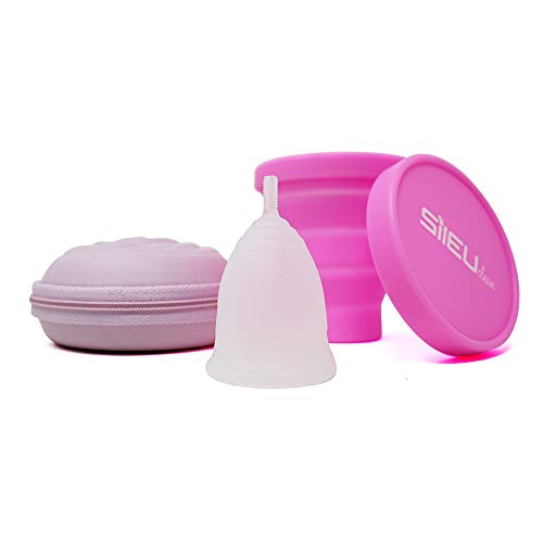 Pack Sileu Travel: Copa menstrual Rose - Modelo de iniciación - Talla L, Transparente, Flexibilidad Standard + Estuche de Flor Rosa + Esterilizador Plegable, Rosa