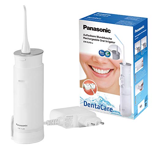 Panasonic EW-DJ40-W503 Irrigador Bucal Eléctrico Portátil de Viaje y Plegable (2 Modos, Recargable, Inalámbrico, Óptimo para Aparatos Dentales, 1500 Impulsos/Min, Ligero)- Color Plata/Blanco