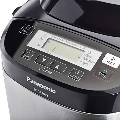 Panasonic SD-2512 - Panificadora de 550 W para Panes Sin Gluten, Masas, Compotas y Mermeladas (33 Programas Automáticos, Dispensador, Temporizador Digital 13H, Sensor de temperatura) color plateado