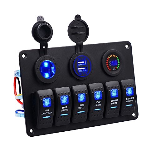 Panel de Dual Toma USB + 12V Voltímetro Digital LED +Encendedor de Cigarrillos +6 Interruptor para Coche Barco Marino Carvan Vehículos