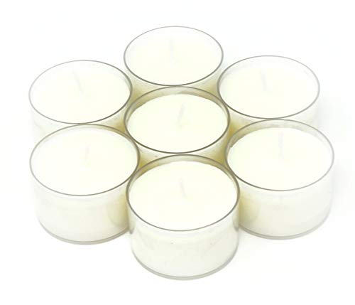 Paquete de 50 velas de luces de té sin parafina, sin perfume, cera 100% vegetal, cera de colza, en una taza transparente reciclable, en una caja