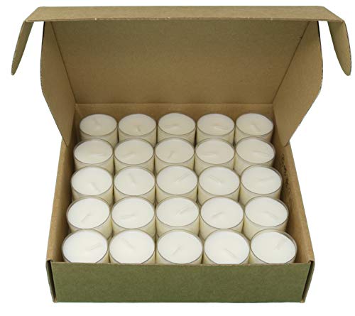 Paquete de 50 velas de luces de té sin parafina, sin perfume, cera 100% vegetal, cera de colza, en una taza transparente reciclable, en una caja